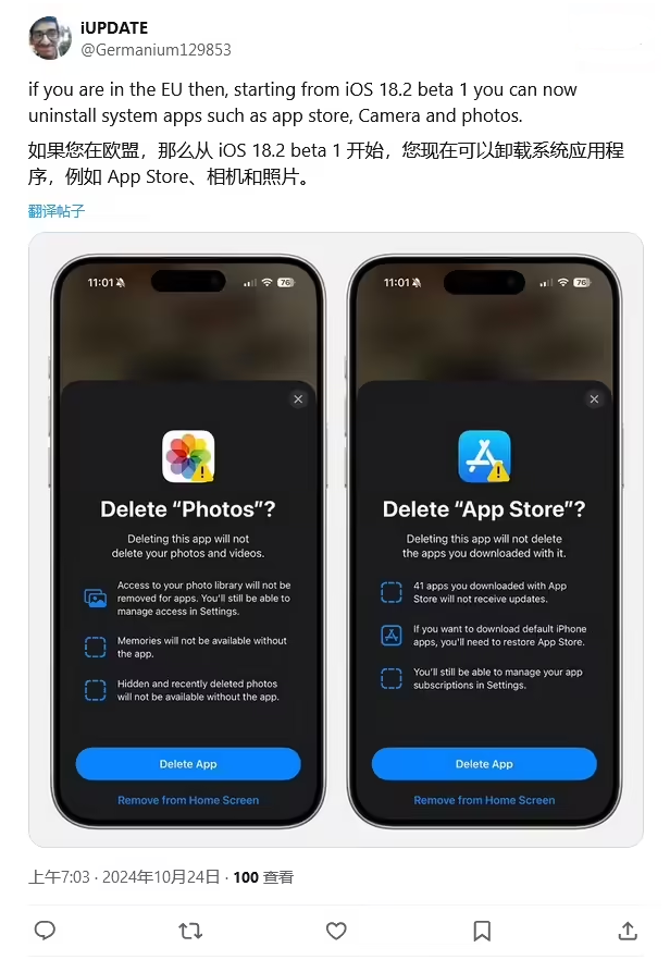 湛河苹果手机维修分享iOS 18.2 支持删除 App Store 应用商店 