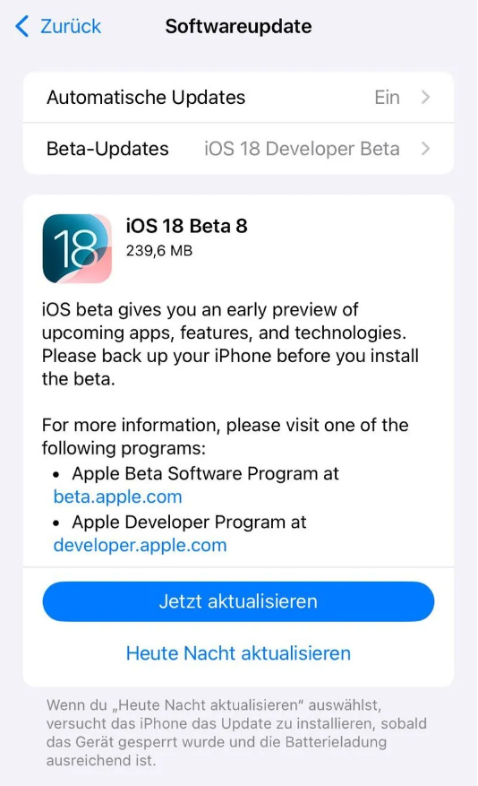 湛河苹果手机维修分享苹果 iOS / iPadOS 18 开发者预览版 Beta 8 发布 